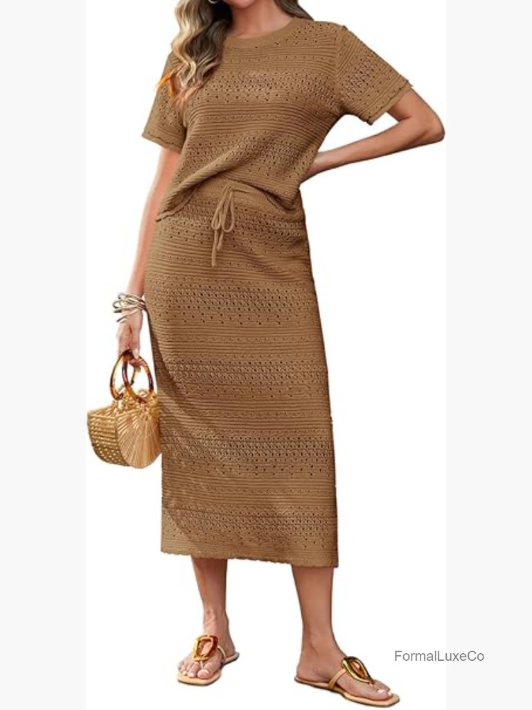 Womens Crochet 2 Piece Skirt Set Short Sleeve Knit Crop Top Midi Cover Up